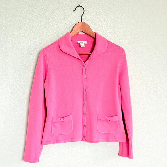 VTG Harold's Pink Bow Collared Twee Cotton Sweater Cardigan Size L - Picture 1 of 16